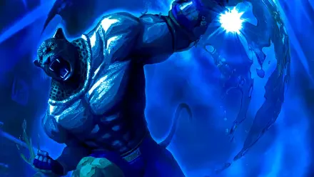 Blue 4K Ultra HD PC desktop wallpaper/background of King (Tekken), the jaguar-masked wrestler, roaring in a muscular, dynamic fighting pose.