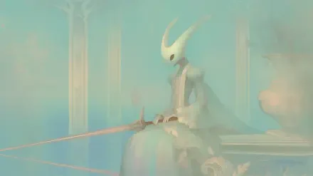 Video game HD PC wallpaper of Hornet from Hollow Knight: Silksong — a pale, graceful fantasy knight seated with her needle weapon amid misty teal pillars.