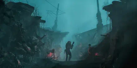 4K Ultra HD PC desktop wallpaper of the video game Cronos: The New Dawn — silhouetted explorer with weapon in a foggy, teal-lit ruined harbor, glowing red wreckage and twisted silhouettes.