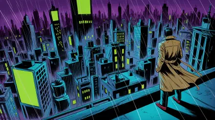 4K Ultra HD PC desktop wallpaper, city night: neon-lit skyline in rain, trench-coated figure overlooking rooftops from a wet rooftop ledge.