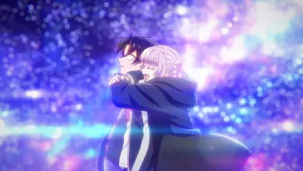 Anime HD desktop wallpaper from Call of the Night: Kou Yamori embraced from behind by Nazuna Nanakusa beneath glowing purple-blue night lights.