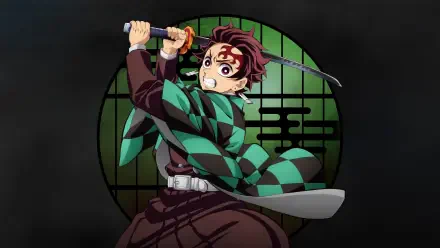 Demon Slayer: Kimetsu no Yaiba 4K Ultra HD PC wallpaper background: Tanjiro Kamado in green checkered haori, sword raised before a circular green shōji window, dynamic pose.