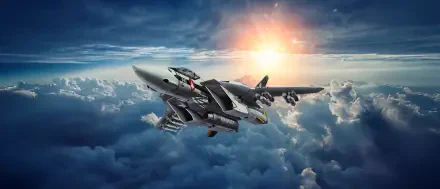 Robotech/Macross HD PC desktop wallpaper: transforming Valkyrie-style fighter jet soars above sunlit clouds at sunrise, weapons bays exposed against a dramatic sky.