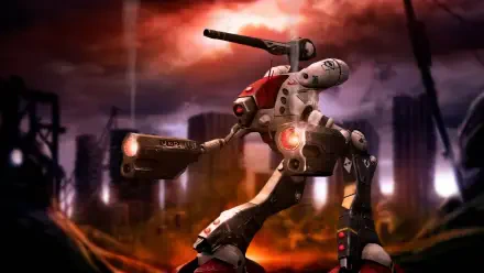 Robotech/Macross mecha in battle stance amid a burning city skyline, dramatic 4K Ultra HD PC desktop wallpaper and background.