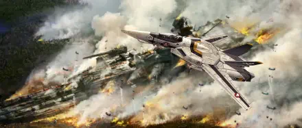Macross/Robotech HD PC wallpaper: VF-style fighter jets streak across a smoky, explosion-scarred battlefield, dynamic background evoking the Lynn Minmei era.