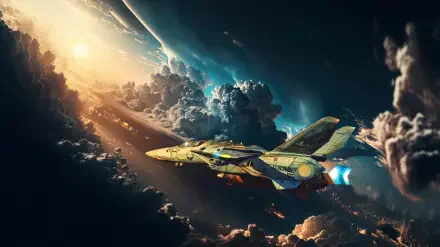 HD PC desktop wallpaper: Robotech/Macross variable fighter streaks through a dramatic cloudscape at sunset, glowing engines and detailed mech-inspired markings.