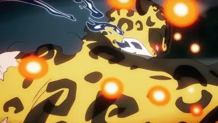 HD PC wallpaper: Rob Lucci (One Piece) in leopard Zoan form, surrounded by glowing orange orbs and swirling dark energy.