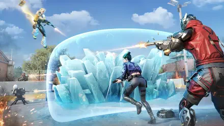 HD PC desktop wallpaper for the video game Blood Strike: armed combatants trade fire around a glowing ice-dome shield on a sunlit urban battleground background.