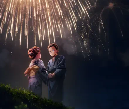 Demon Slayer: Kimetsu no Yaiba anime 4K Ultra HD PC desktop wallpaper — two figures in yukata holding hands on a grassy hill beneath a sky exploding with fireworks.