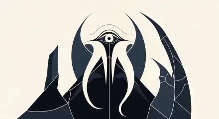 Stylized Elder God with a central all-seeing eye and curved, tentacle-like horns rising from dark geometric forms — 4K Ultra HD PC desktop wallpaper/background.