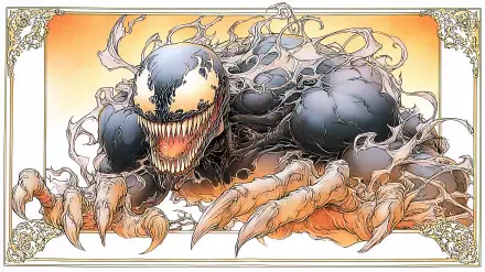 HD PC desktop wallpaper and background showing a Venom-style black symbiote monster with a gaping toothy maw, elongated claws and writhing tendrils on a warm orange backdrop.