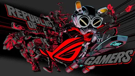 Red and black Asus ROG video game art: a stylized mecha with glowing goggles, central Republic of Gamers logo, dynamic figures and bold GAMERS text — HD PC desktop wallpaper.