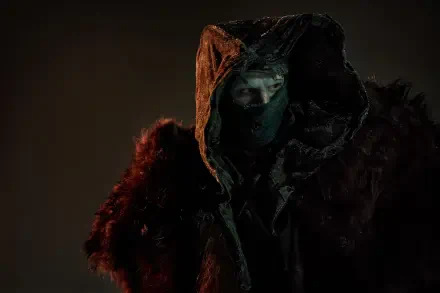 Hooded, masked figure from the movie Frankenstein (2025) emerges from shadow, wearing a fur cloak and weathered metal face — 4K Ultra HD PC desktop wallpaper background.