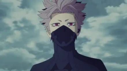 HD PC desktop wallpaper of Gen Narumi (Kaiju No. 8): masked, purple-haired figure with red eyes in a dark tactical outfit standing against a moody cloudy sky.