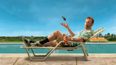 Nobody 2 — a man in a Hawaiian shirt lounges on a poolside chaise, tossing a handgun, drink beside him, pool and blue sky behind. 4K Ultra HD PC desktop wallpaper/background