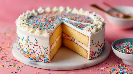 4K Ultra HD PC desktop wallpaper of a layered vanilla cake dessert with white frosting and colorful sprinkles, one slice removed on a pink background.