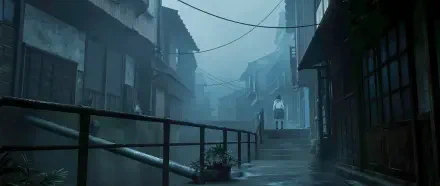 Fog-shrouded, dilapidated street scene from Silent Hill F video game, lone figure in a white coat on wet pavement — 2K Quad HD PC desktop wallpaper/background.