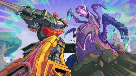 HD PC desktop wallpaper of a video game–style Fortnite Power Rangers Megazord battling a purple tentacled monster beneath a vivid, stormy sky background.