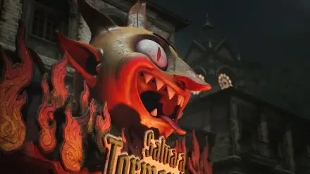 Crisol: Theater of Idols video game 4K Ultra HD PC desktop wallpaper and background, snarling red-eyed demonic fox statue with flaming motifs before a gothic theater.