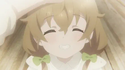 HD PC desktop wallpaper of Monica Everett from Secrets of the Silent Witch — close-up anime portrait of a smiling blond girl with green ribbon bows and warm sunlight.