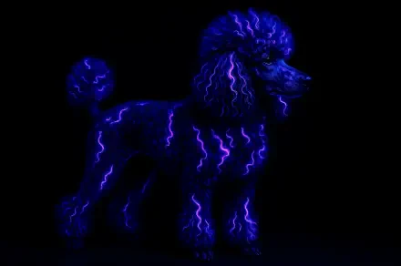 4K Ultra HD PC desktop wallpaper of a poodle outlined in neon electric-blue lightning against a black background.