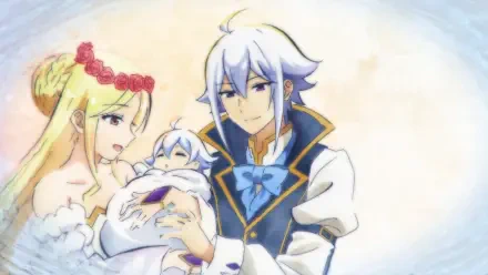 Anime HD wallpaper showing Ellen and Rovel Vankreift (Dad is a Hero Mom is a Spirit I'm a Reincarnator) gently holding newborn Origin in a soft pastel family scene.