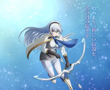 HD PC wallpaper of anime heroine from The Banished Court Magician Aims to Become the Strongest: white‑haired archer in a blue cloak poised with bow against a glowing, snow‑flecked blue background.