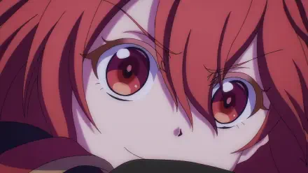 Anime close-up of Yoruha Eisentz from The Banished Court Magician Aims to Become the Strongest — intense red eyes and hair in an HD PC desktop wallpaper.