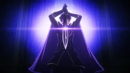 HD PC wallpaper of Akira Oda (My Status as an Assassin Obviously Exceeds the Hero’s) — silhouetted assassin lifts a glowing dagger against dramatic purple light.