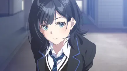 Anime — Yuzuki Nanase (Chitose Is in the Ramune Bottle): smiling dark-haired schoolgirl in uniform with teal eyes in a soft-lit corridor. HD PC desktop wallpaper/background.