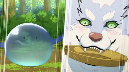 HD anime desktop wallpaper from Campfire Cooking in Another World with my Absurd Skill showing Fel (white beast) grinning with a bowl and Sui the blue slime in a sunlit forest.