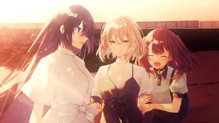 Anime HD PC desktop wallpaper: This Monster Wants to Eat Me — Hinako Yaotose, Shiori Oumi, and Miko Yashiro arm-in-arm at sunset, warm smiles.