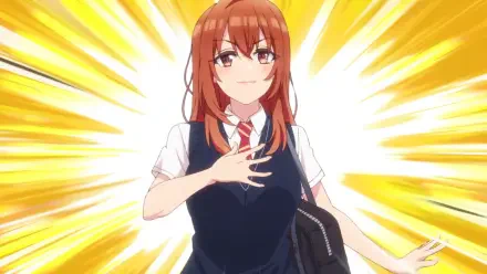 Iroha Kohinata from My Friend's Little Sister Has It In for Me!, anime HD PC wallpaper: red-haired schoolgirl in vest and tie, hand on chest against a radiant yellow burst background.