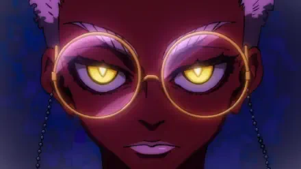 HD PC desktop wallpaper: anime piece by Semiu Grier (Gachiakuta) — close-up of a dark-skinned character with glowing yellow eyes and round purple glasses on a deep blue backdrop.