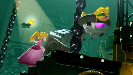 Princess Peach Showtime! HD PC desktop wallpaper and background — Princess Peach in a pink gown stands on a dramatic mechanized stage, spotlighted as a masked mechanical foe hangs from chains and gears.