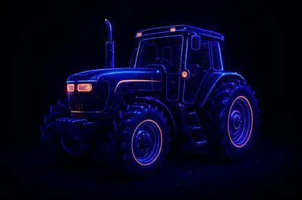 Neon-outlined tractor in blue and purple on a black background, 4K Ultra HD PC desktop wallpaper/background.