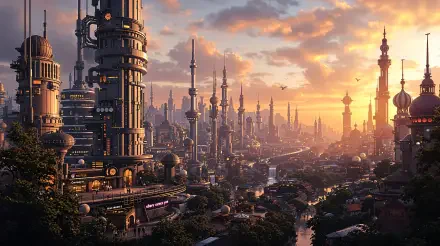 Sunlit futuristic cityscape of towering spires, skybridges and greenery along winding canals — 4K Ultra HD PC desktop wallpaper and background.