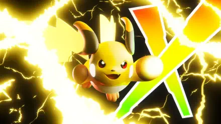 HD PC desktop wallpaper of an electric Pokémon bursting through yellow lightning beside a colorful X logo — promotional art for the video game Pokémon Legends: Z-A - Mega Dimension.