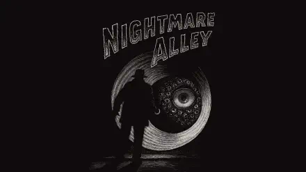 Nightmare Alley movie HD PC desktop wallpaper: silhouetted man faces a large hypnotic eye and spiral beneath the arched title on a stark black background.