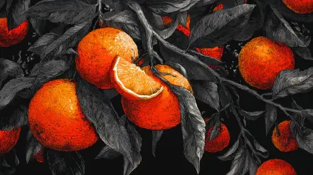 4K Ultra HD PC desktop wallpaper, black-and-orange nature scene of ripe oranges on dark textured leaves, one sliced open to reveal bright, juicy flesh.