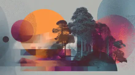 October aesthetic 4K Ultra HD PC desktop wallpaper: abstract autumn landscape with silhouetted trees, layered translucent suns and colorful circles in warm oranges, pinks and cool blues.