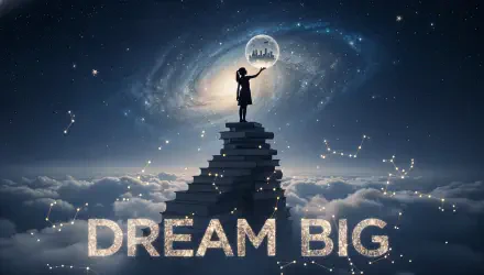 4K Ultra HD PC desktop wallpaper: silhouetted figure atop stacked stones reaches a glowing orb above clouds and constellations; glittering DREAM BIG message across the foreground, motivational.