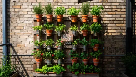 Vertical garden of terracotta pots on reclaimed wooden racks against a sunlit brick wall — 4K Ultra HD PC desktop wallpaper/background.
