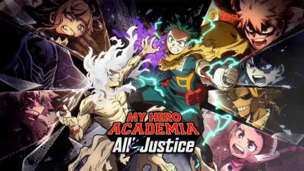 My Hero Academia 4K Ultra HD PC desktop wallpaper/background: Deku center with crackling green energy, flanked by allies and villains beneath the All Justice logo.