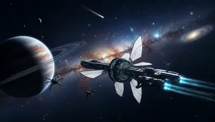4K Ultra HD PC desktop wallpaper/background: sci-fi deep space exploration ship with glowing thrusters and folding wings passes a ringed planet, comets, and a distant galaxy.