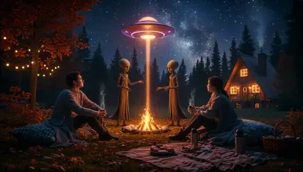 4K Ultra HD PC desktop wallpaper: nighttime alien encounter — two people at a campfire meet three slender aliens under a hovering saucer in a starry forest beside a lit cabin.
