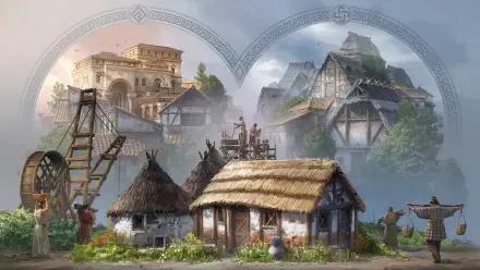 4K Ultra HD PC desktop wallpaper of the video game Anno 117: Pax Romana, depicting a detailed medieval village with thatched huts, timber houses, scaffolds and villagers.