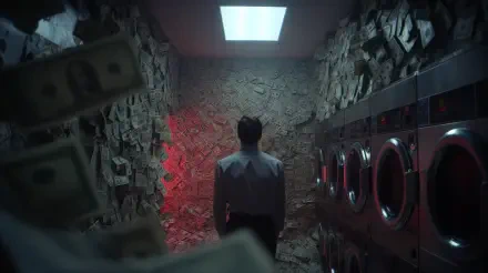 4K Ultra HD PC desktop wallpaper — solitary figure from behind in a narrow laundromat, walls layered with cash, red overhead light; tagged commercial exploitation
