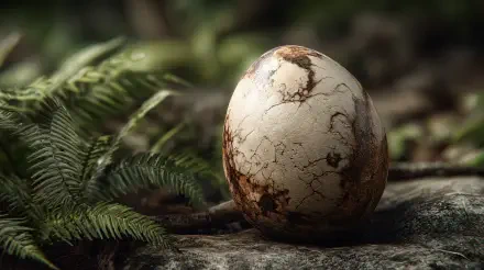 Cracked dinosaur egg on a mossy rock amid ferns in a misty forest — 4K Ultra HD PC desktop wallpaper and background.