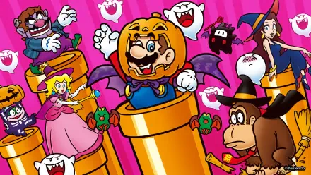 HD PC Super Mario wallpaper: Mario in a pumpkin helmet springs from pipes alongside Princess Peach, Pauline, Donkey Kong, Wario and playful Boos on a bright pink background.
